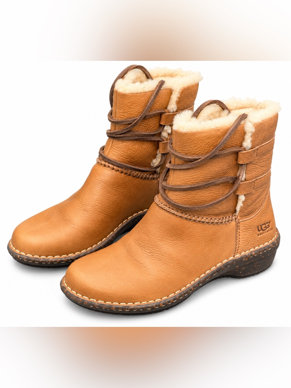 UGG Australia NWOT Caspia Chestnut Leather Shearling Boots 8 Boho Cozy Cabin